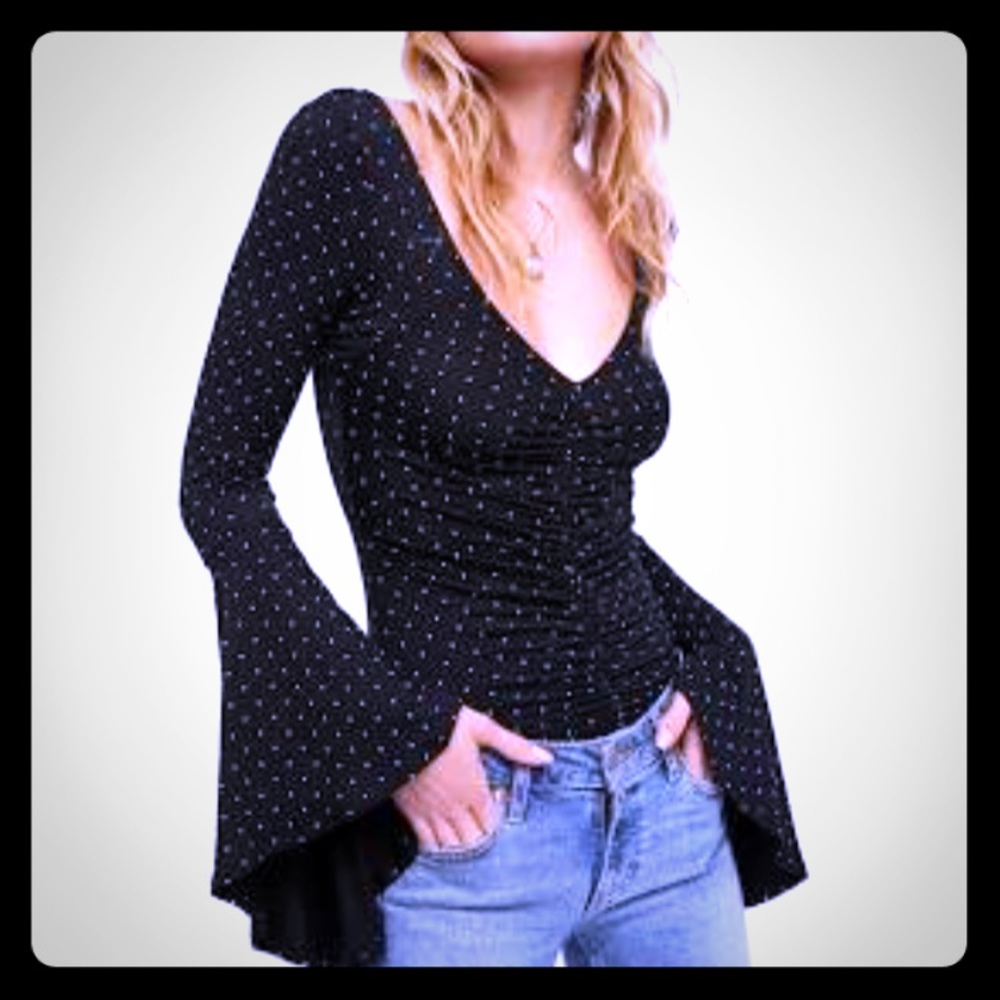 NWT Free People Black bell sleeve polka dot blouse